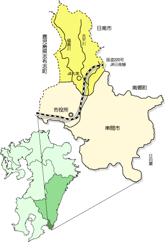 九州地形図：串間市と鹿児島県志布志町の拡大図